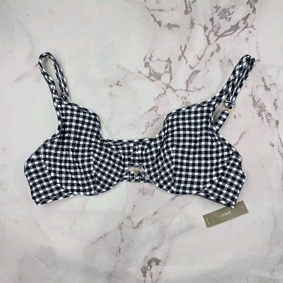 J Crew Swim Top 42D Blue Gingham Underwire Bikini Ruffle Seersucker BE750 - Picture 1 of 11